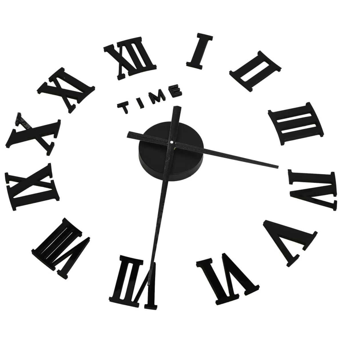Schwarze Uhr mit römischen Ziffern. Das Wort „TIME“ steht in der Mitte. Zeiger zeigen die Zeit.