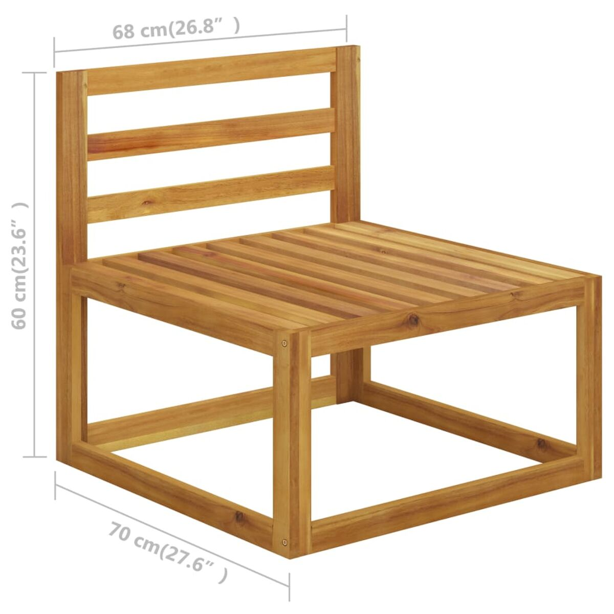 Holzstuhl f ür draußen. Er hat eine Sitzfläche und eine Rückenlehne. Abmessungen sind angegeben.