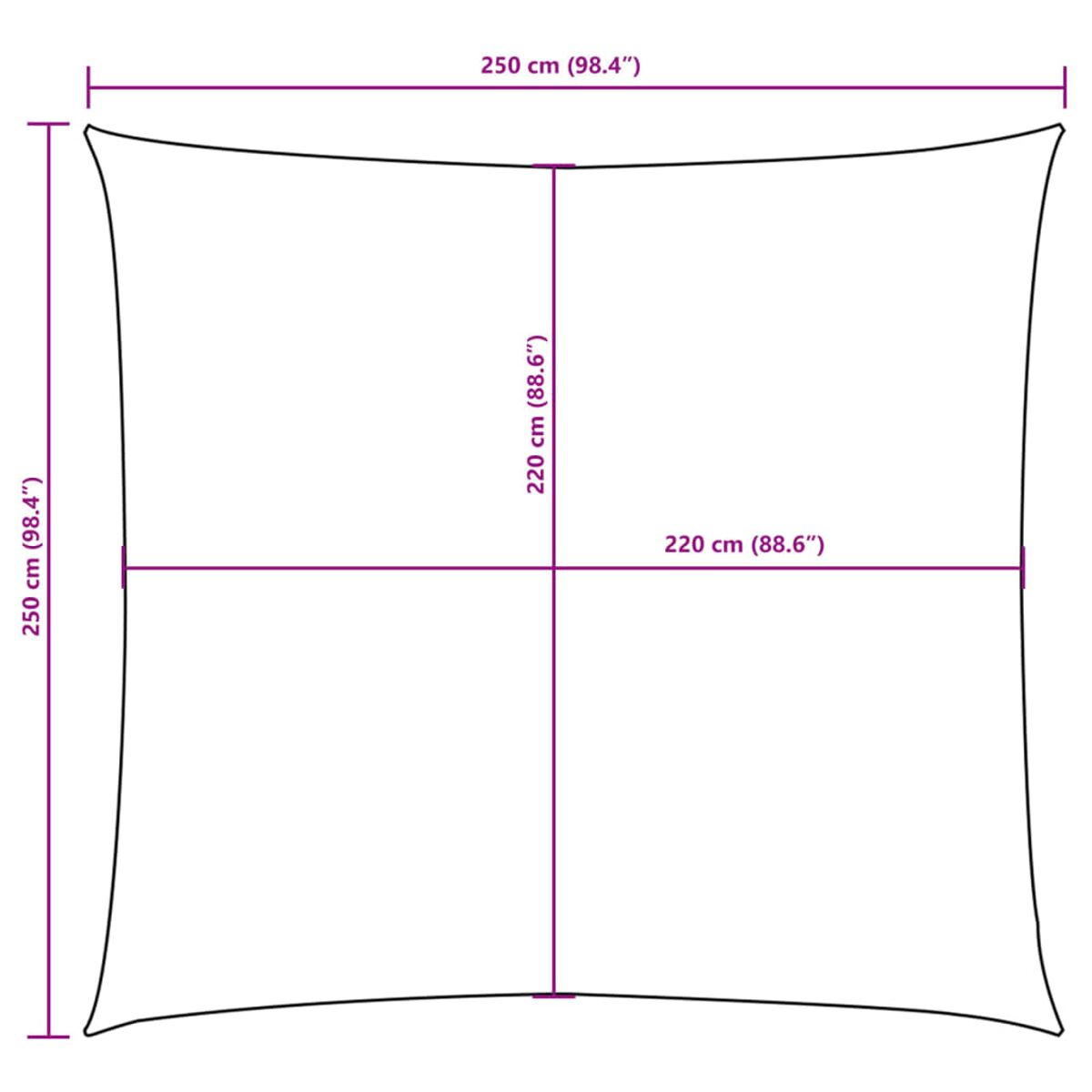 Quadratischer Sonnenschirm. Abmessungen: 250x250 cm (98,4 Zoll) und 220x220 cm (86,6 Zoll).