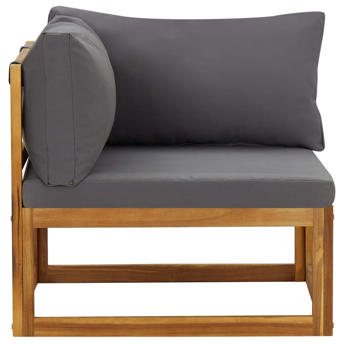 Ecksofa aus Holz mit grauen Kissen. Eckansicht. Weißer Hintergrund.