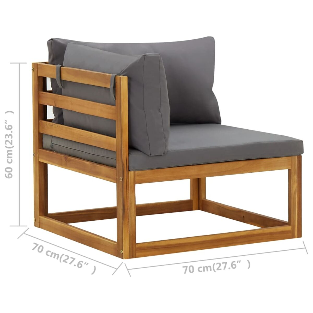 Ecksofa aus Holz mit grauen Kissen. Abmessungen: 70 cm x 70 cm x 60 cm.