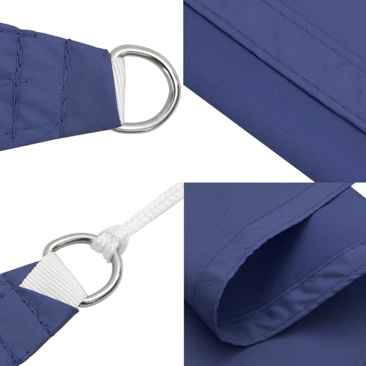 Nahaufnahme eines blauen Segels mit Metallring und weißem Seil.