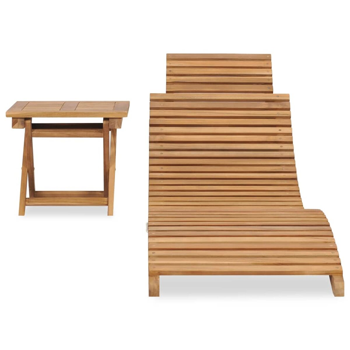 Sonnenliege und Beistelltisch aus Teakholz. Die Möbel bestehen aus Holzlatten.