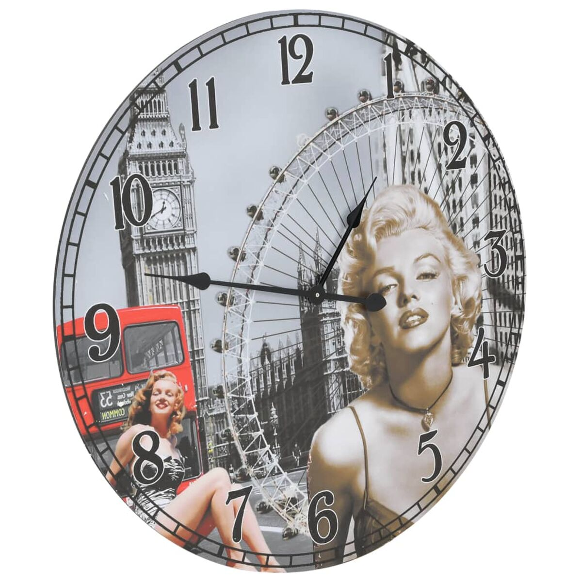 Orologio con immagini di Marilyn Monroe, monumenti londinesi e numeri grandi.