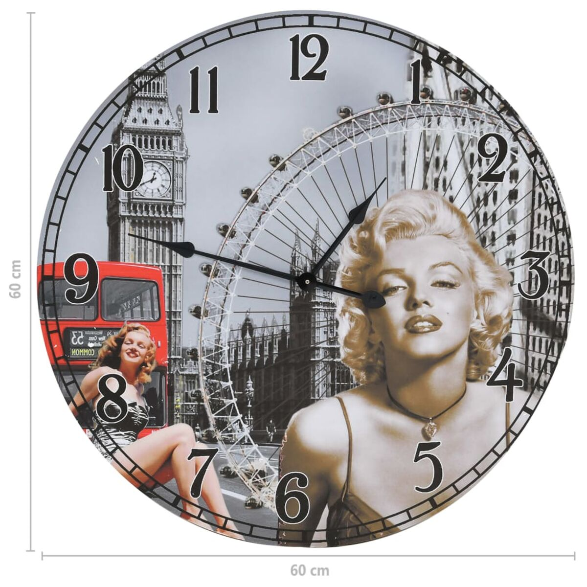 Orologio rotondo con immagine di Marilyn Monroe, sfondo Big Ben e London Eye, lancette nere.