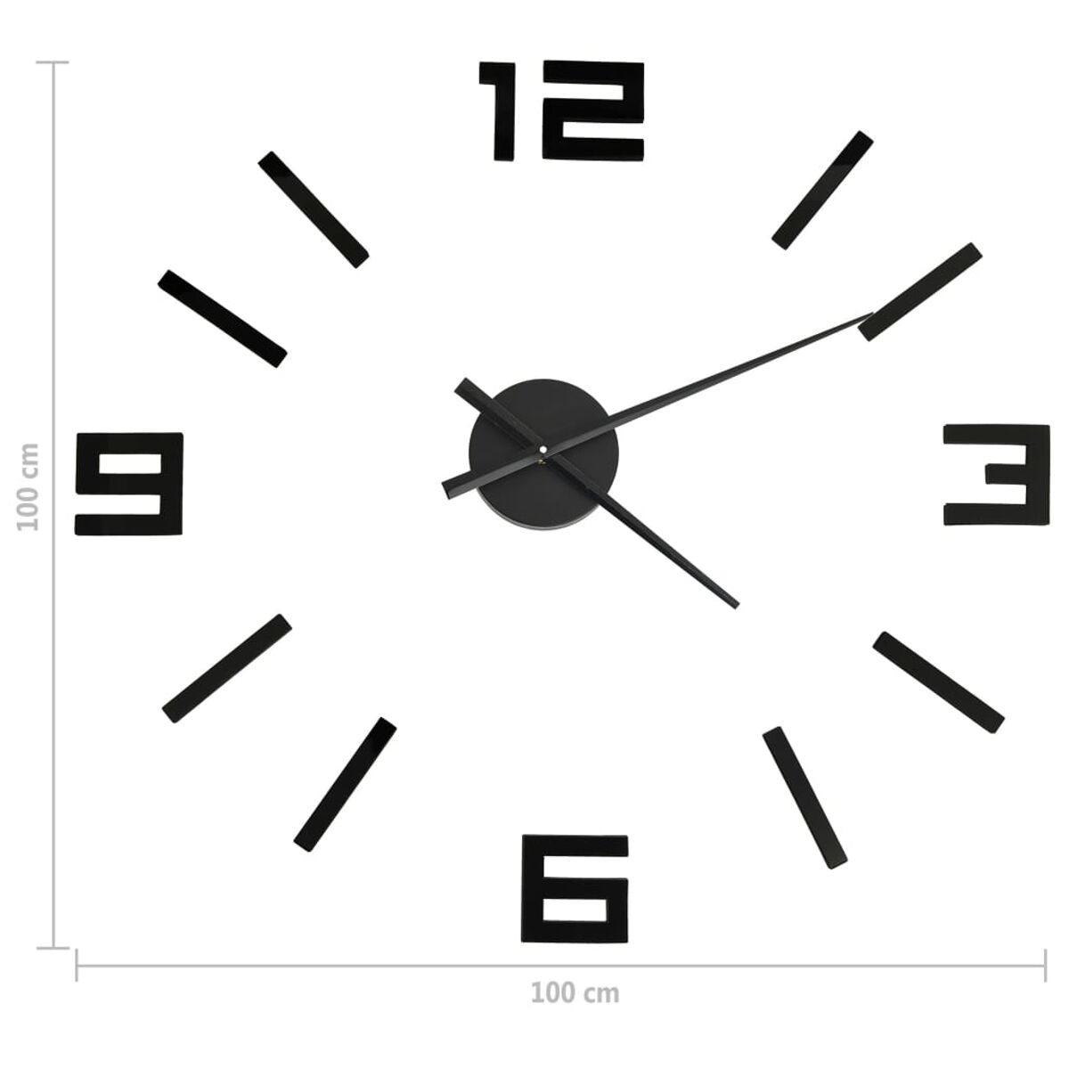 Schwarze Wanduhr mit großen schwarzen Zahlen. Weißer Hintergrund.