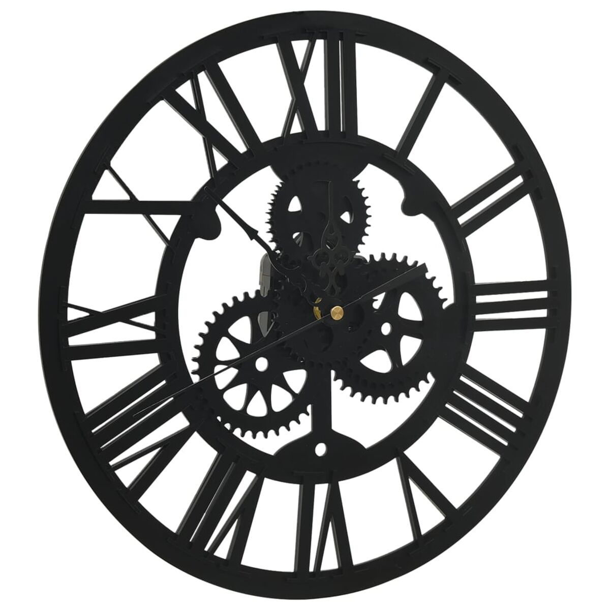 Primo piano di un orologio scheletro nero con numeri romani e ingranaggi.
