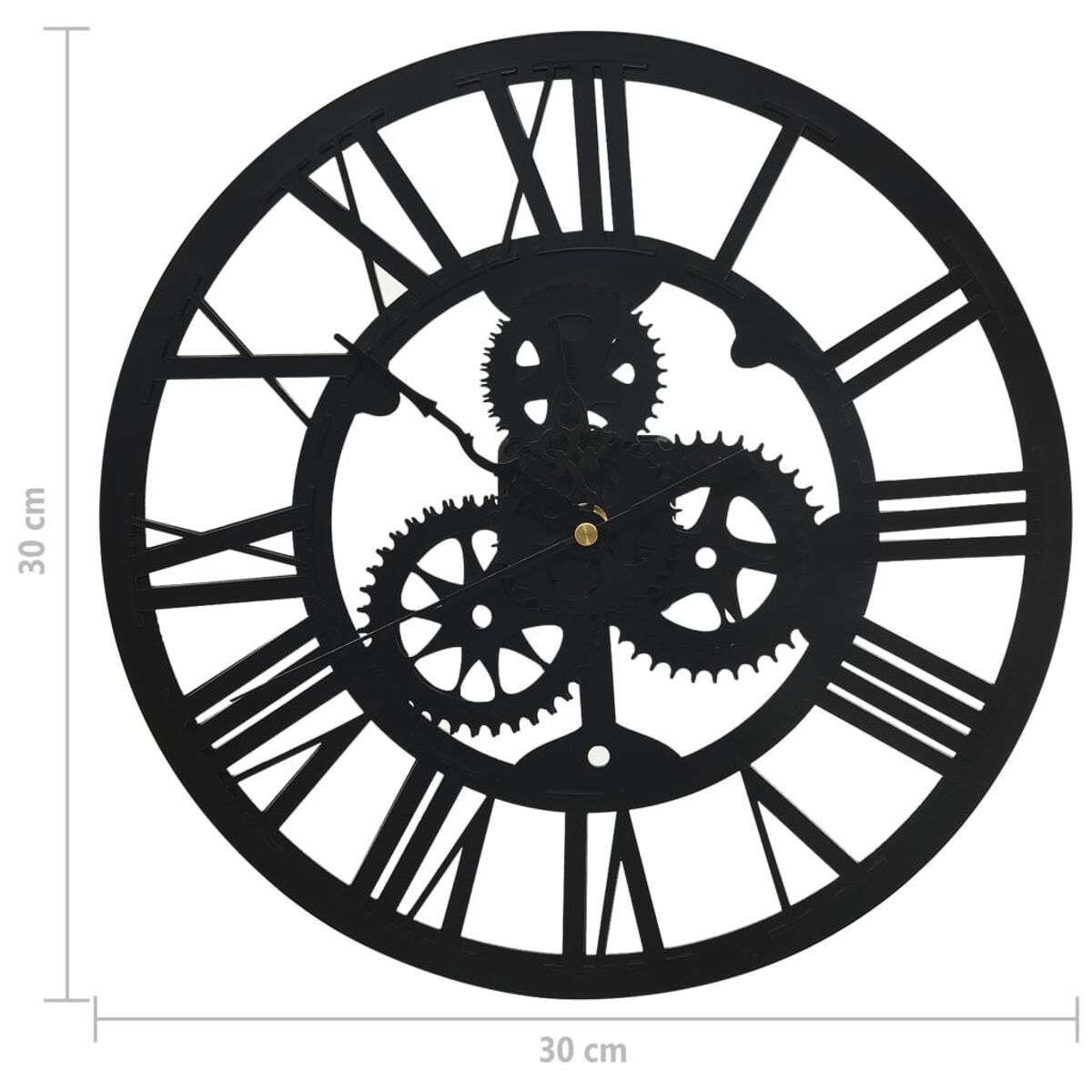 Orologio nero rotondo con numeri romani e ingranaggi centrali.