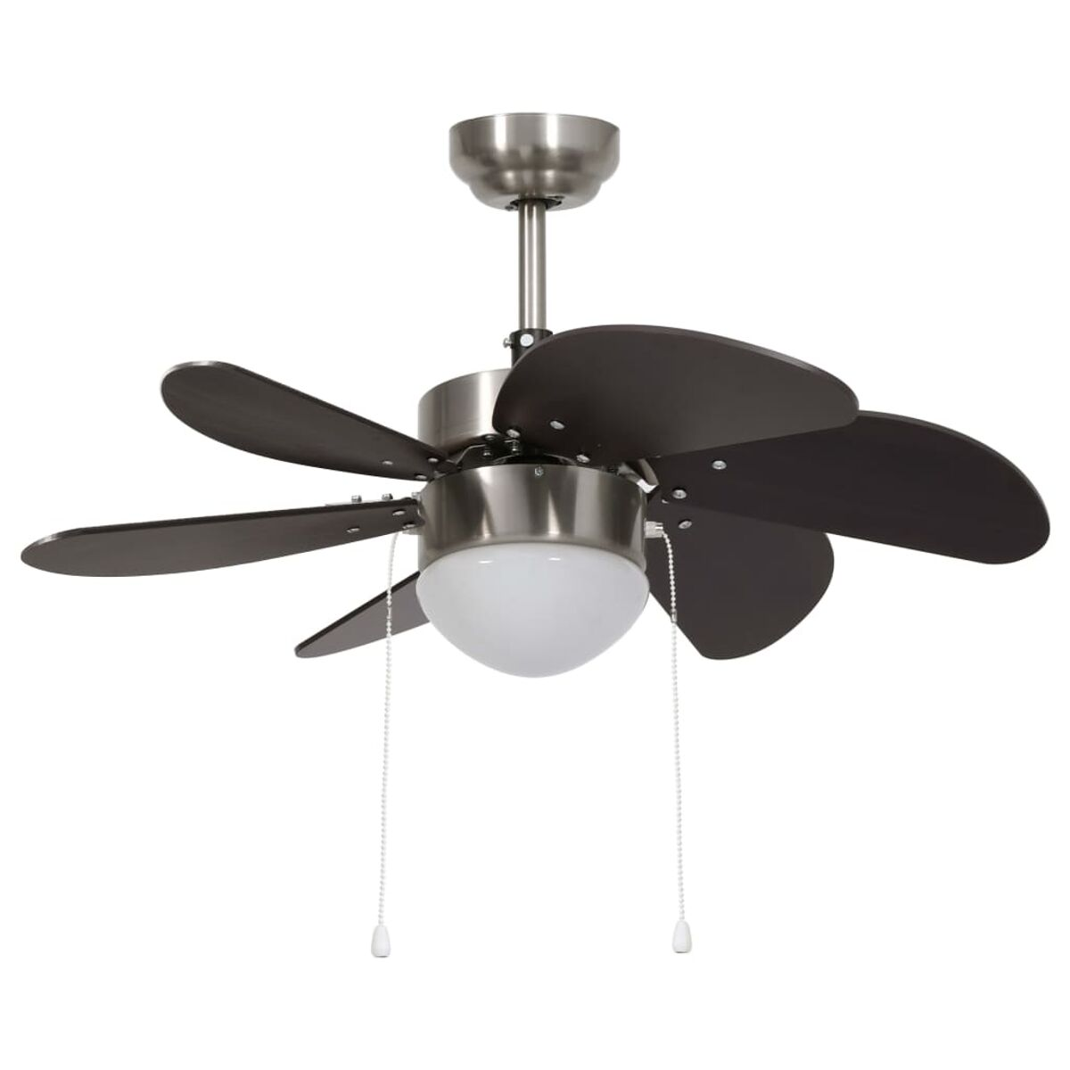 Un ventilatore a soffitto con pale marrone scuro e una luce a globo bianca.