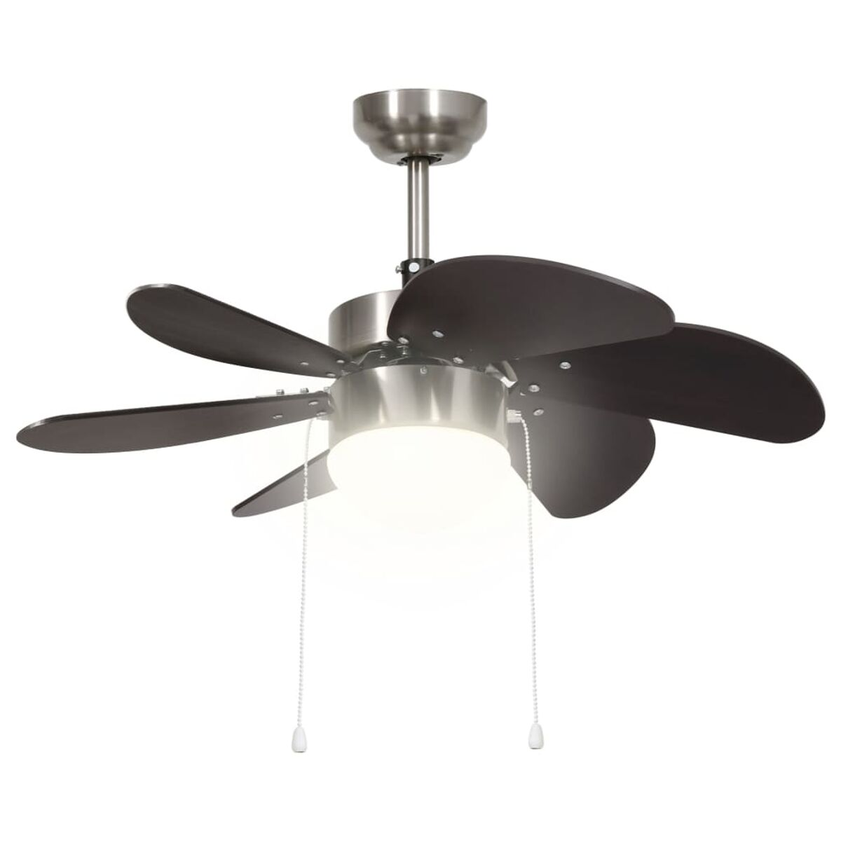 Ventilatore a soffitto con sei pale marrone scuro, un alloggiamento motore argentato e una luce.