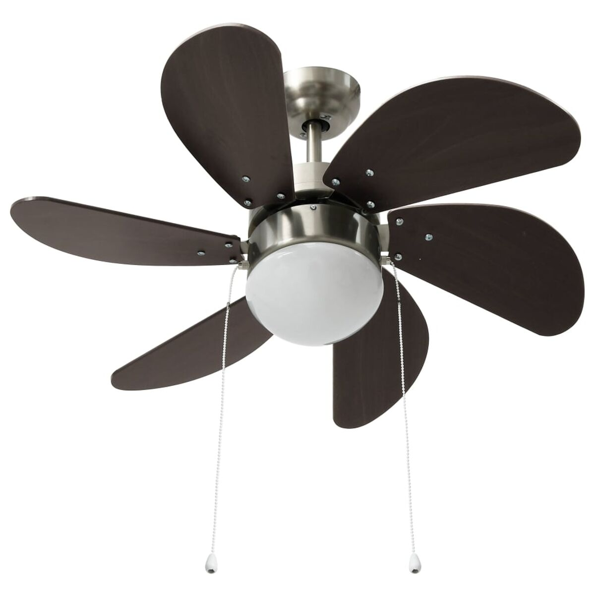 Ventilatore da soffitto con pale marroni e luce bianca.