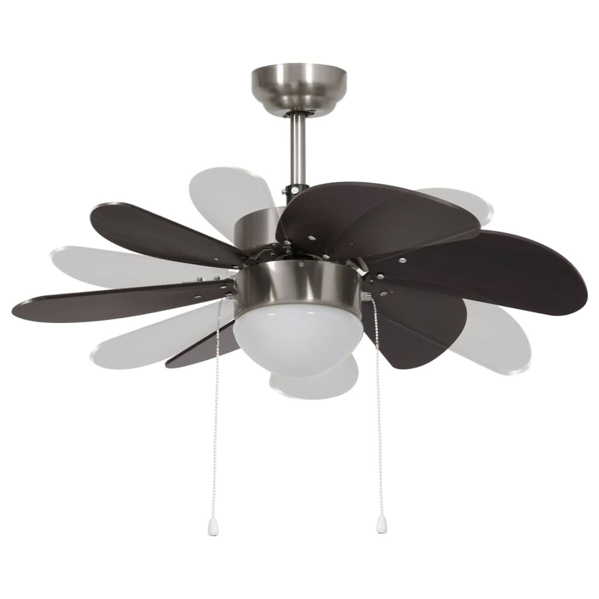 Un ventilatore da soffitto con pale marroni e bianche e un apparecchio di illuminazione centrale, su sfondo bianco.
