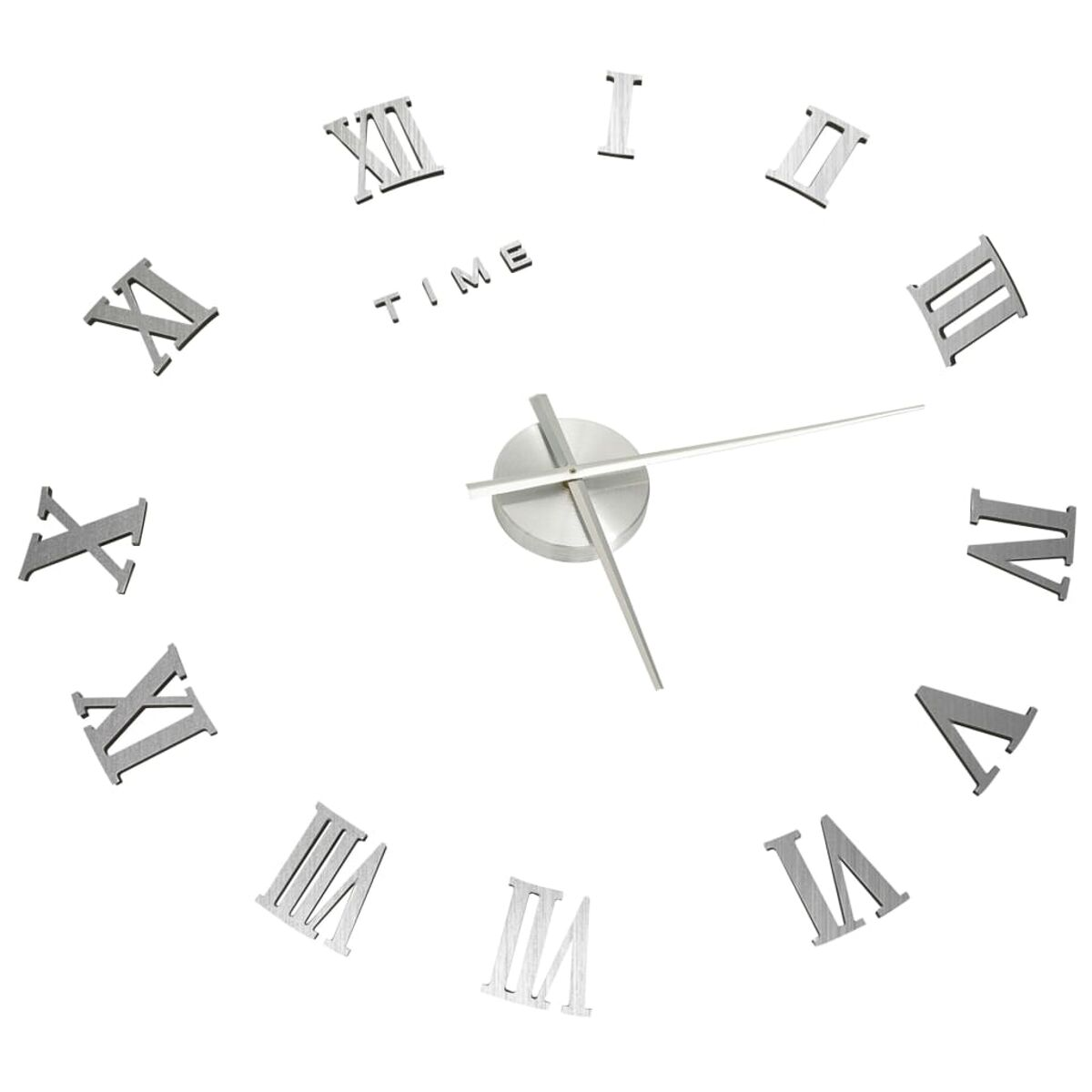 Wanduhr mit silbernen römischen Ziffern und Zeigern, TIME-Text sichtbar.