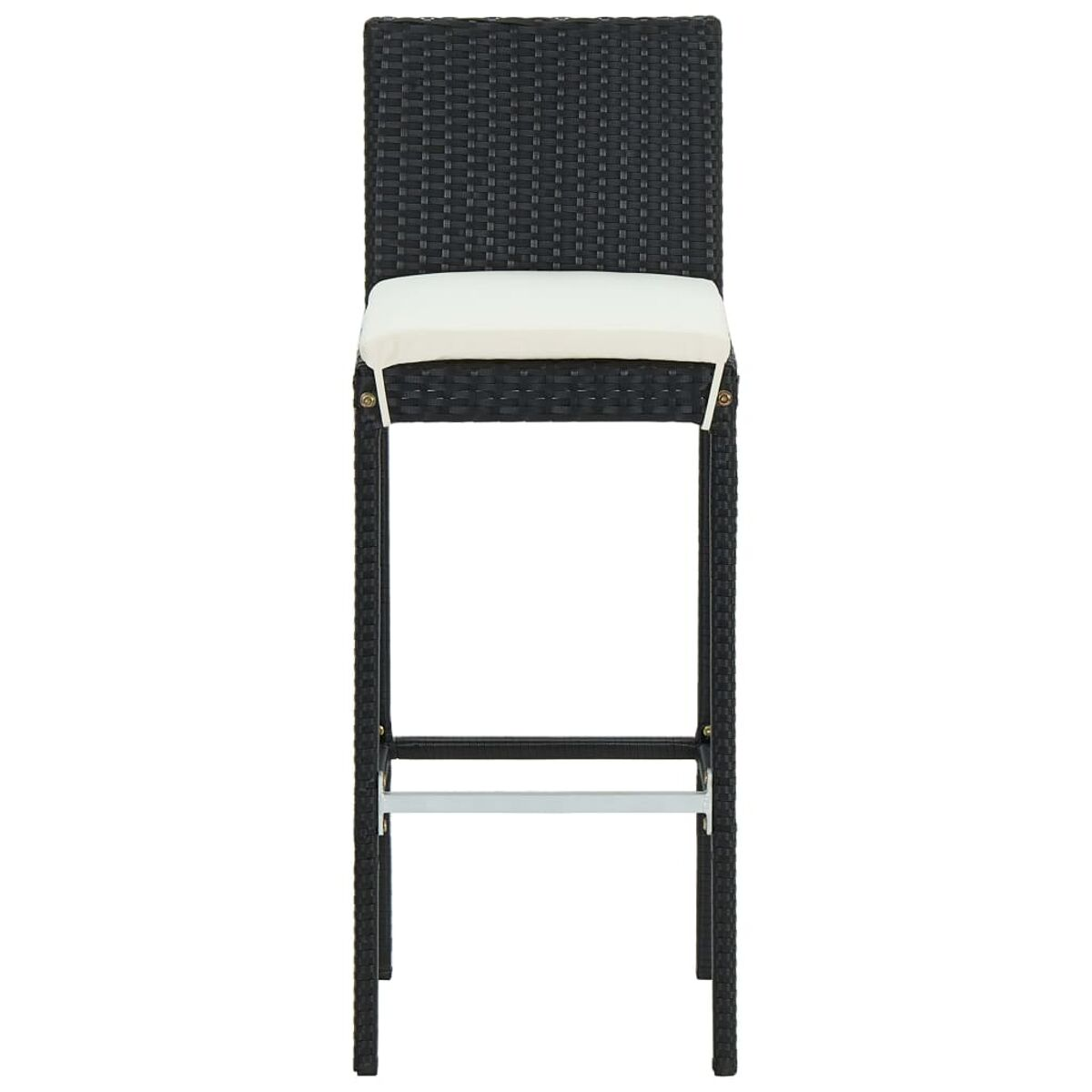 Ein schwarzer Rattan-Barhocker mit weißem Kissen und Fußstütze.