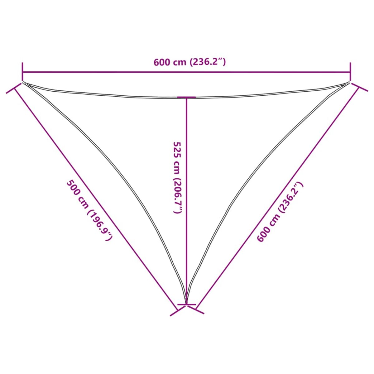 Ein dreieckiger Sonnenschirm mit den Maßen 500 cm x 600 cm x 600 cm. Der Hintergrund ist weiß.