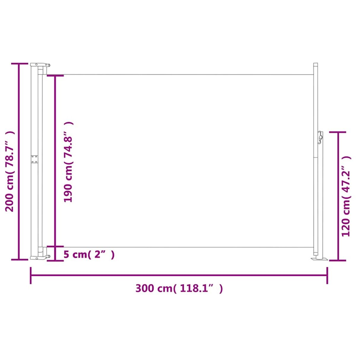 Diagramm mit den Abmessungen eines einziehbaren Bildschirms. Maße in cm und Zoll.