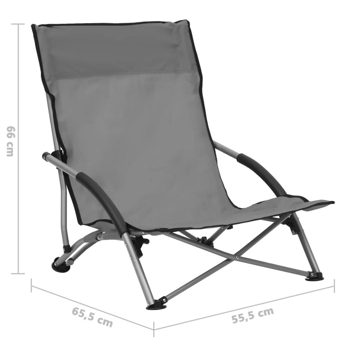 Grauer Strandstuhl mit Metallrahmen. Es hat ein einfaches Design.