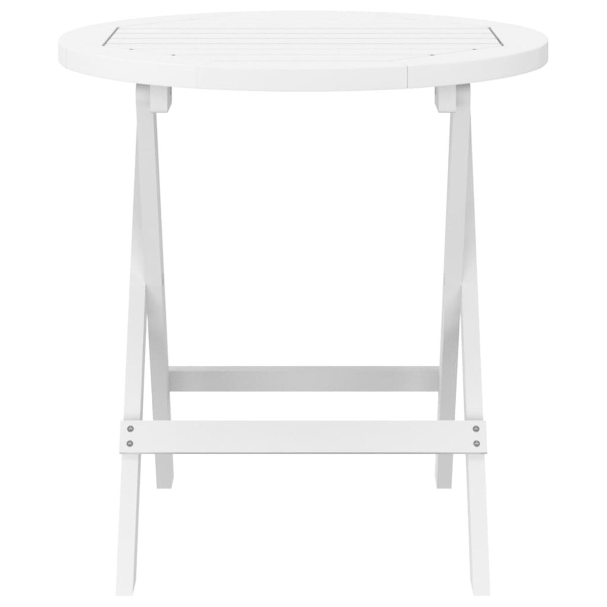 Ein weißer Klapptisch mit rundem Oberteil und einfachem, offenbeinigen Design.