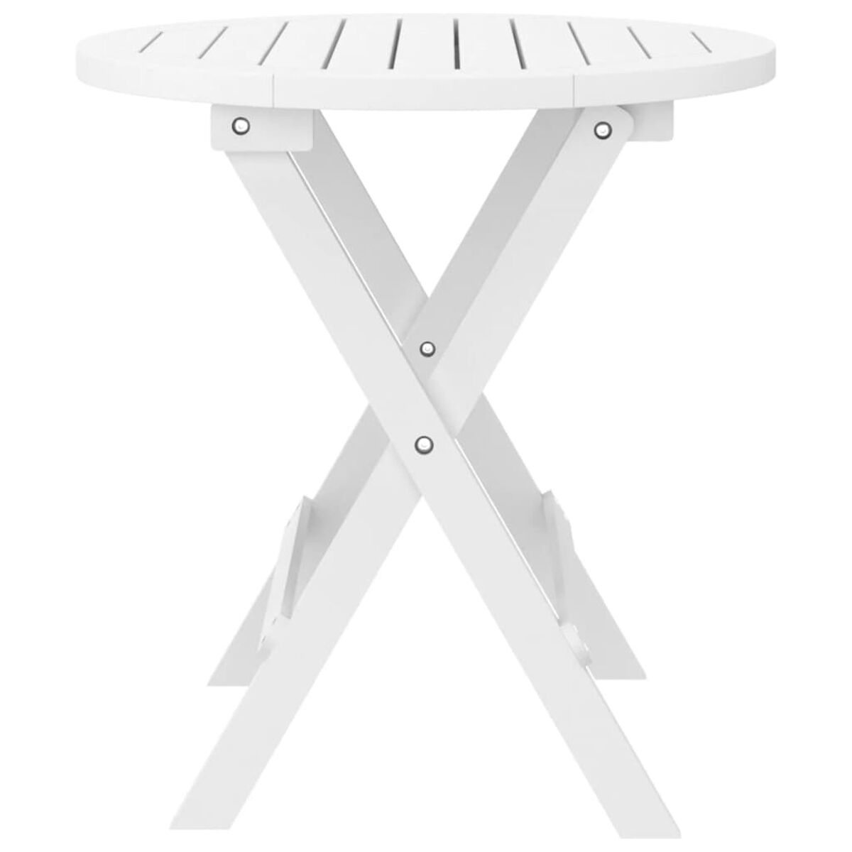 Weißer, runder, zusammenklappbarer Gartentisch. Lattenrost, X-förmige Beine.