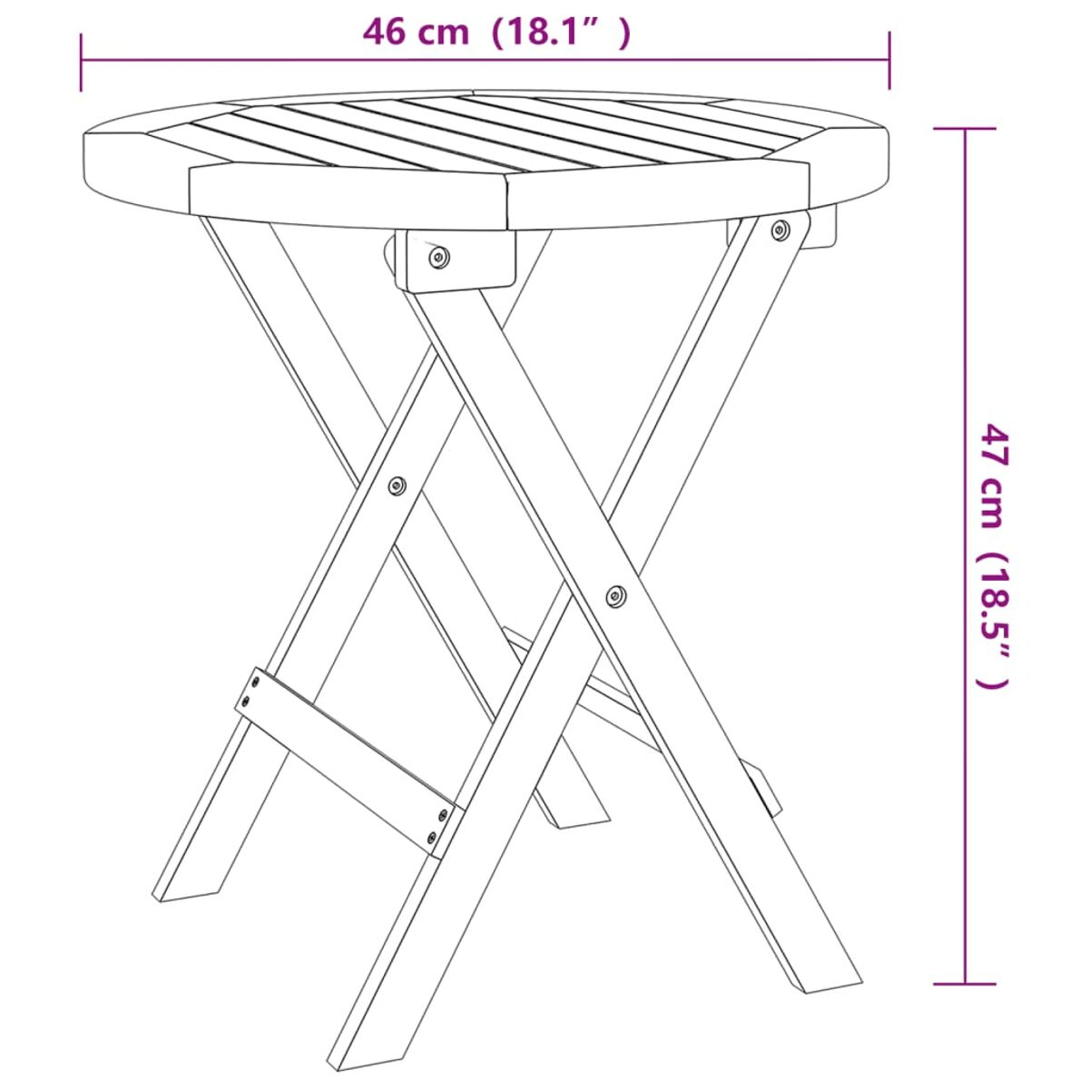 Klappbarer Beistelltisch aus Holz mit sechseckiger Oberseite und Maßangaben auf weißem Grund.