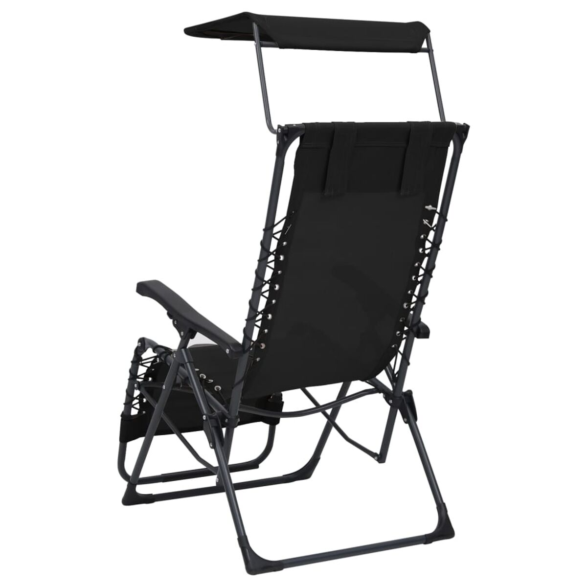 Schwarzer Outdoor-Liegestuhl mit Vordach, von hinten gesehen. Schwarzer Stoff und Metallrahmen.