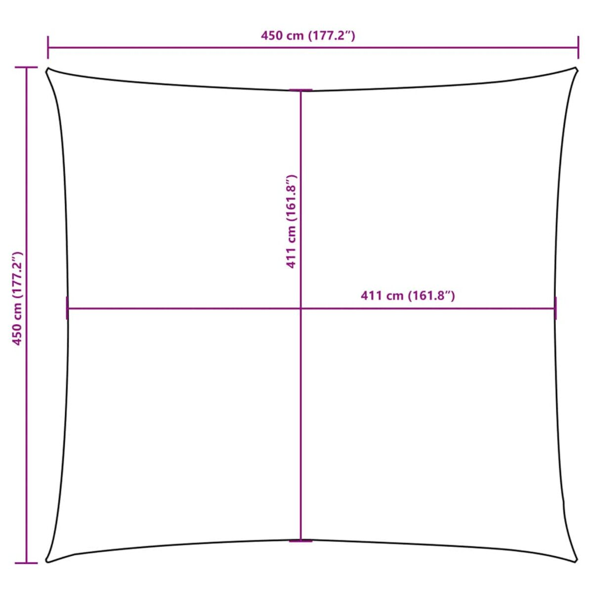 Quadratisches Sonnensegeldiagramm mit Abmessungen in cm und Zoll.