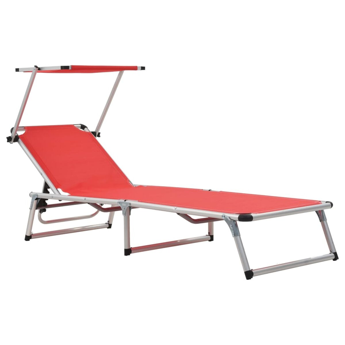 Roter Liegestuhl mit Sonnenschutz. Silberrahmen und roter Stoff.
