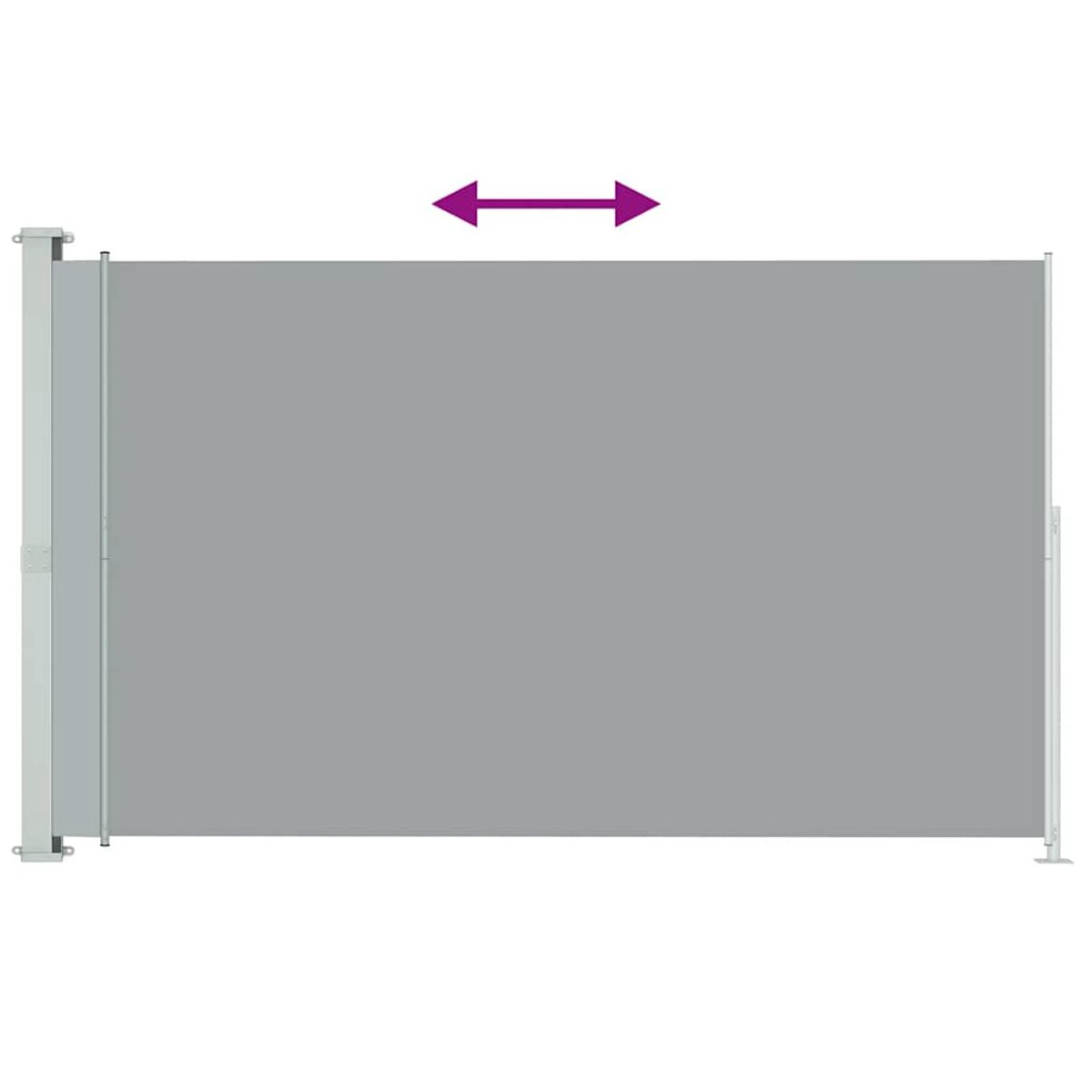 Rollbildschirm ausgefahren. Graue Leinwand, weißer Rahmen. Pfeile zeigen Bewegung. Weißer Hintergrund.