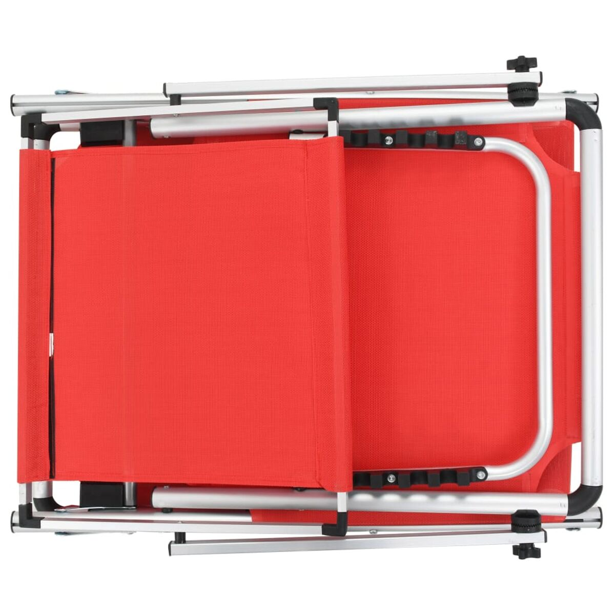 Roter Klappstuhl, zusammengeklappt, Draufsicht, Metallrahmen.
