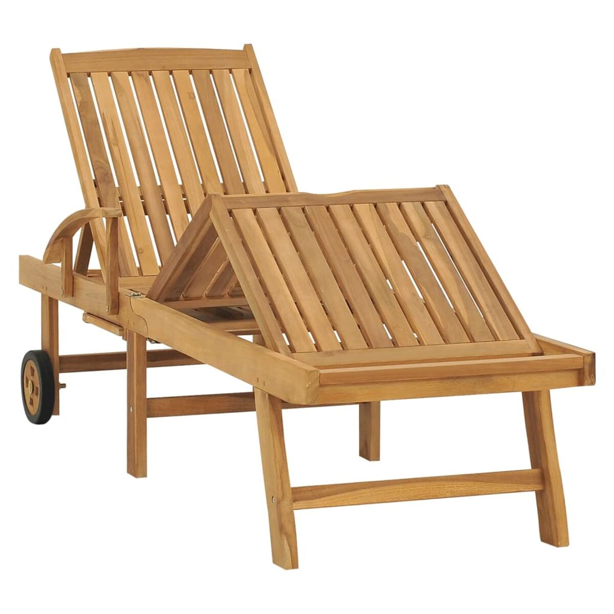 Chaiselongue aus Holz. Naturholzfarbe. Verstellbare Rückenlehne. Weißer Hintergrund.