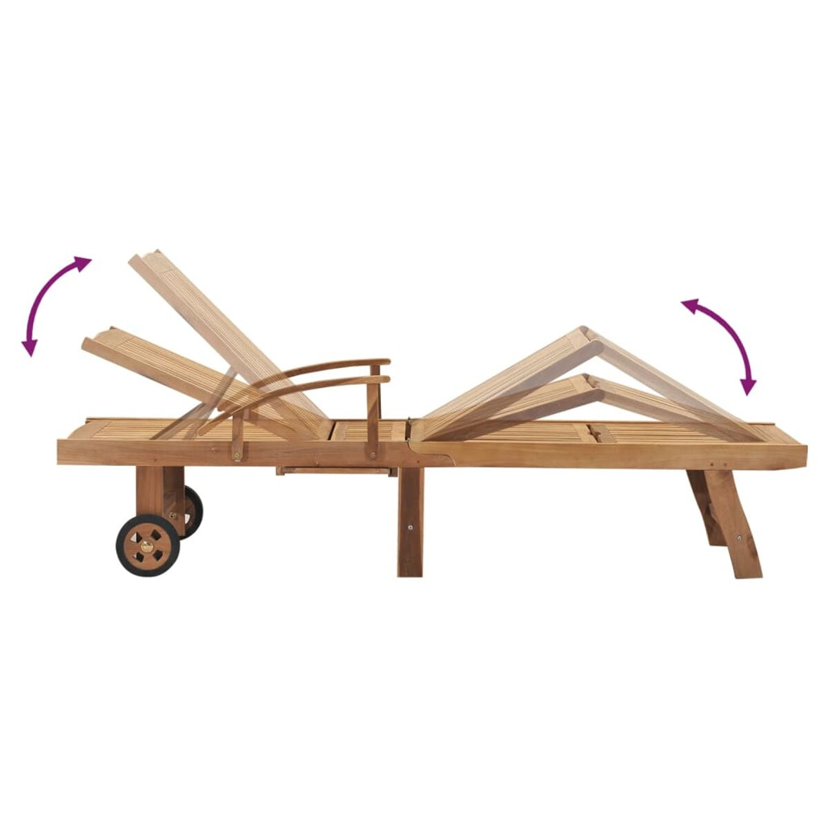 Holzliegestuhl mit verstellbarer Rückenlehne. Räder auf einer Seite. Pfeile zeigen die Rückenlehnenpositionen an.