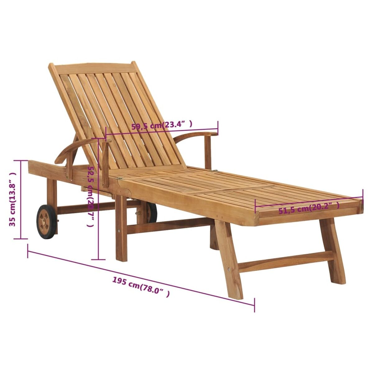 Sonnenliege aus Holz mit Rädern und Abmessungen in cm und Zoll angegeben.