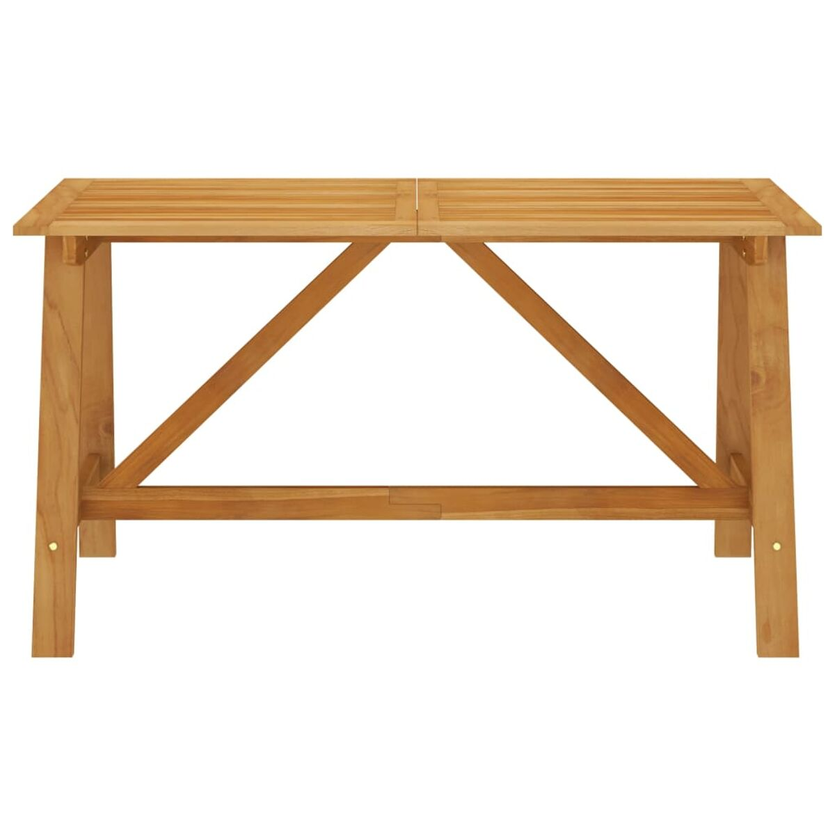Rechteckiger Holztisch. Er hat eine hellbraune Farbe und ein einfaches Design mit Kreuzstrebe.