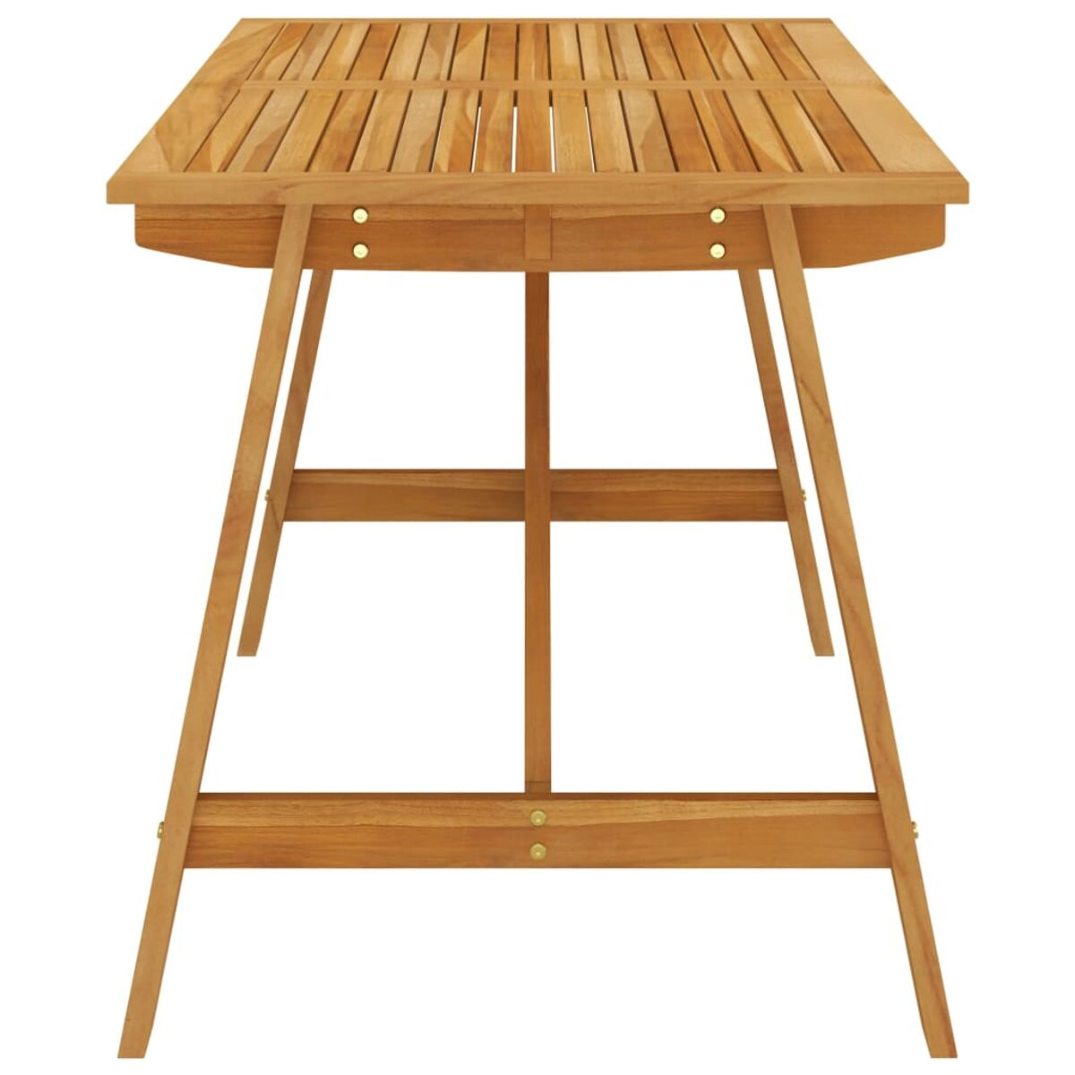 Holztisch mit Lattenrost und schrägen Beinen. Der Tisch ist aus hellem Holz gefertigt.