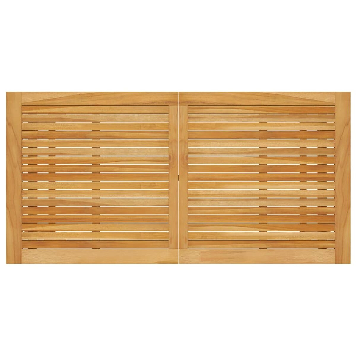Holztisch für draußen mit Lamellen. Die Lamellen verlaufen horizontal, das Holz ist hellbraun.