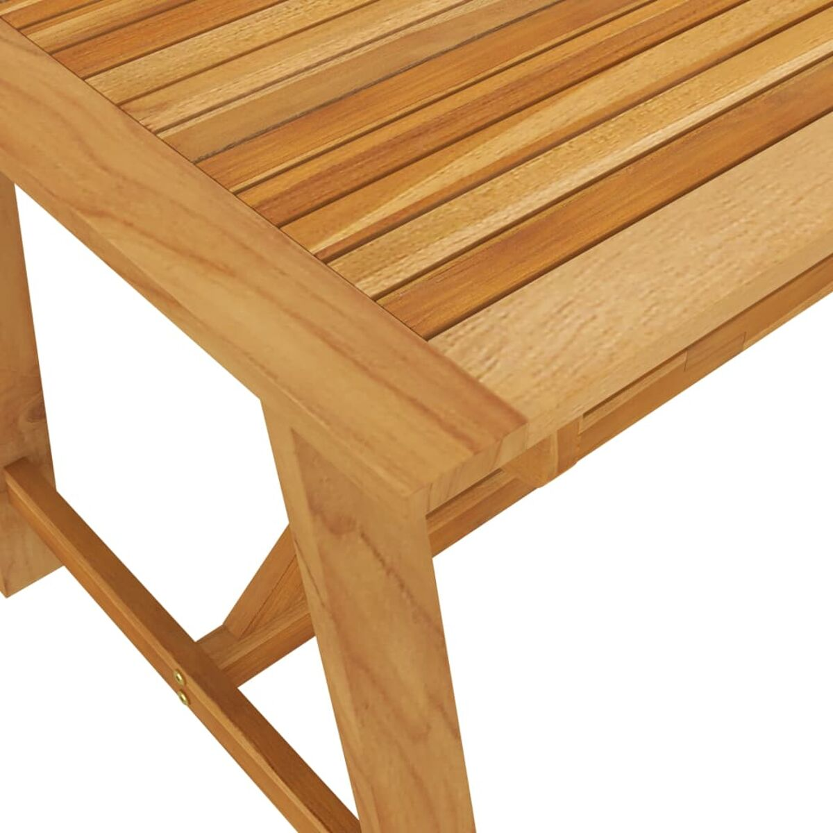 Nahaufnahme einer Holztischecke mit Maserung und Konstruktion.