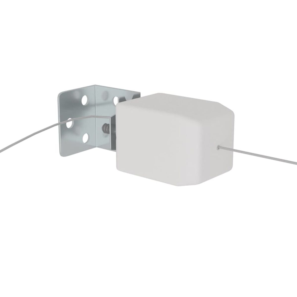 Weiße Box an einer Halterung befestigt. Ein Kabel erstreckt sich von der Box. Weißer Hintergrund.