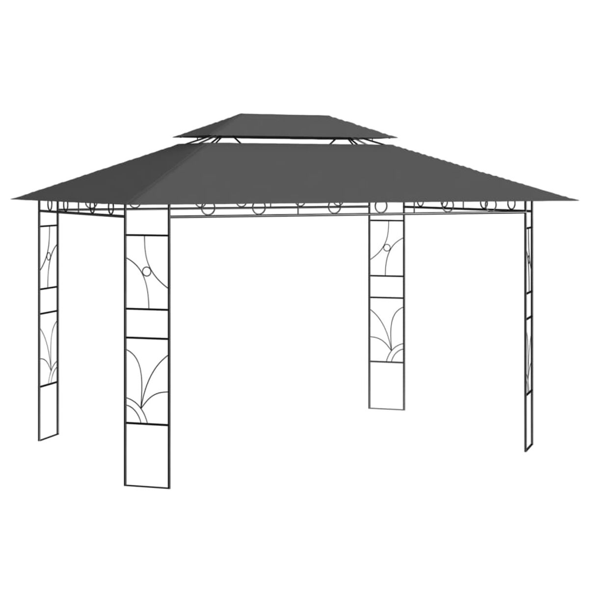 Ein dunkelgrauer Pavillon mit dekorativem Metallrahmen.