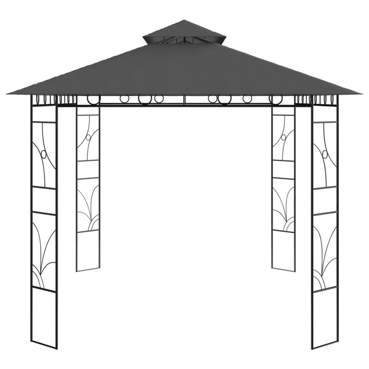 Schwarzer Pavillon mit dunkler Oberseite und dekorativen Seitenteilen, offene Struktur.