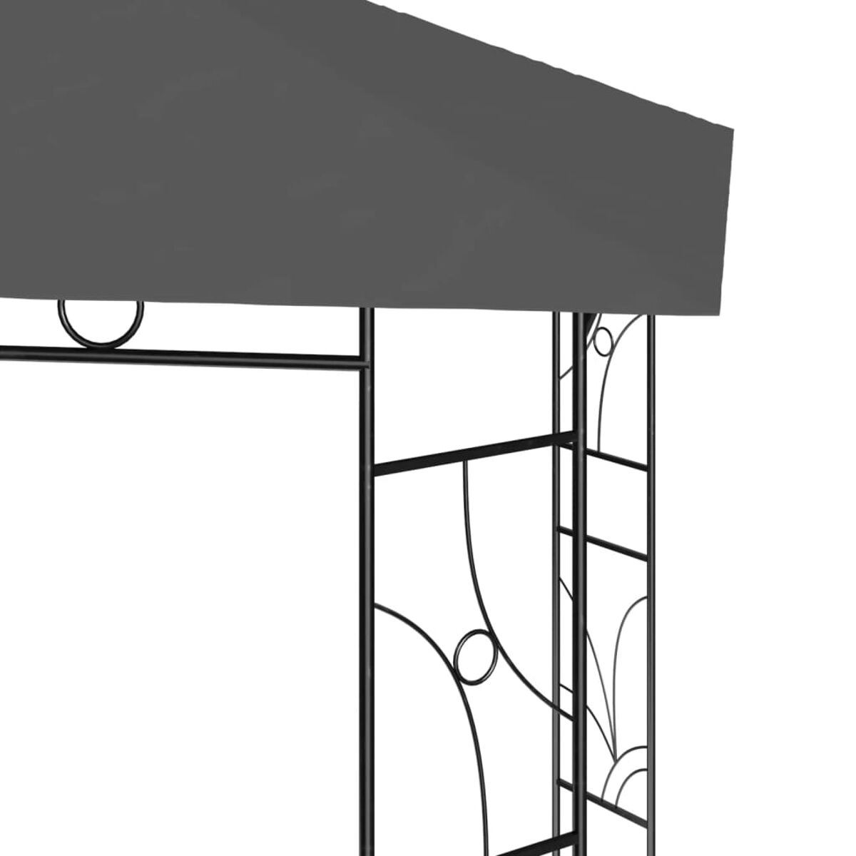 Nahaufnahme des Daches eines Pavillons. Graues Stoffdach über schwarzem Metallrahmen mit Zierkurven.