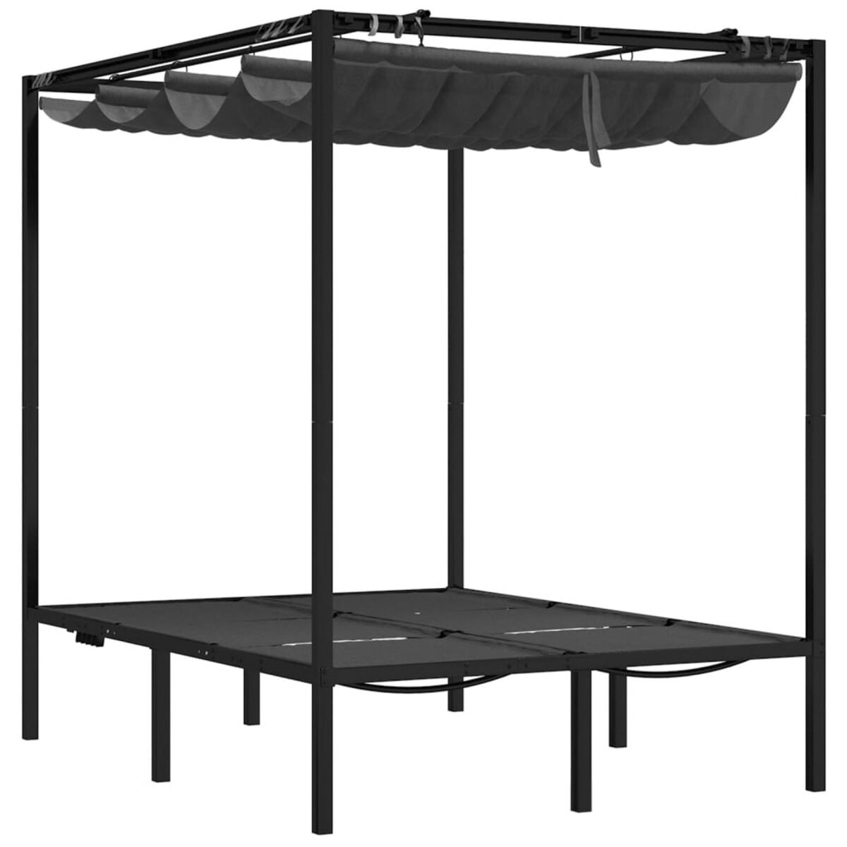 Schwarze Pergola mit schwarzem Baldachin über einem schwarzen Deckbereich.