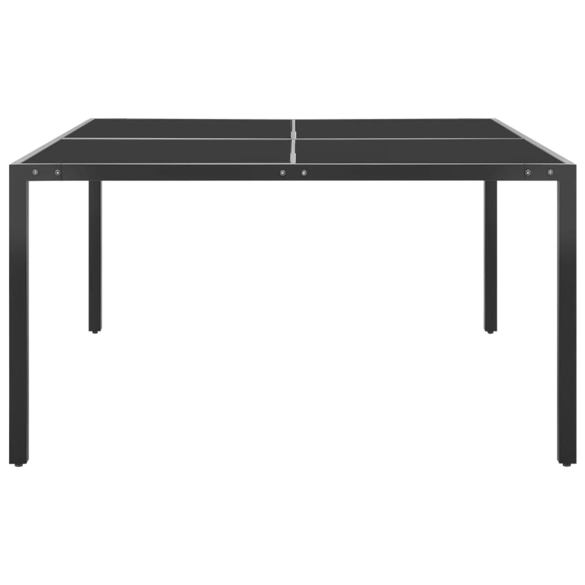 Schwarzer quadratischer Tisch mit Metallbeinen.