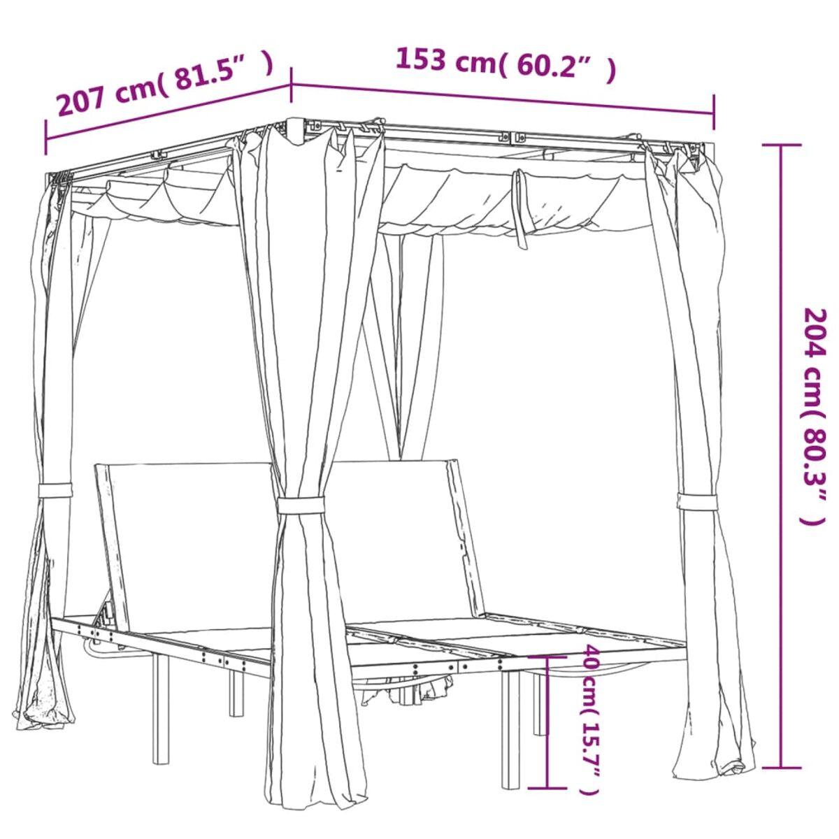 Ein weißes Doppelbett mit Vorhängen, Maße werden angezeigt.