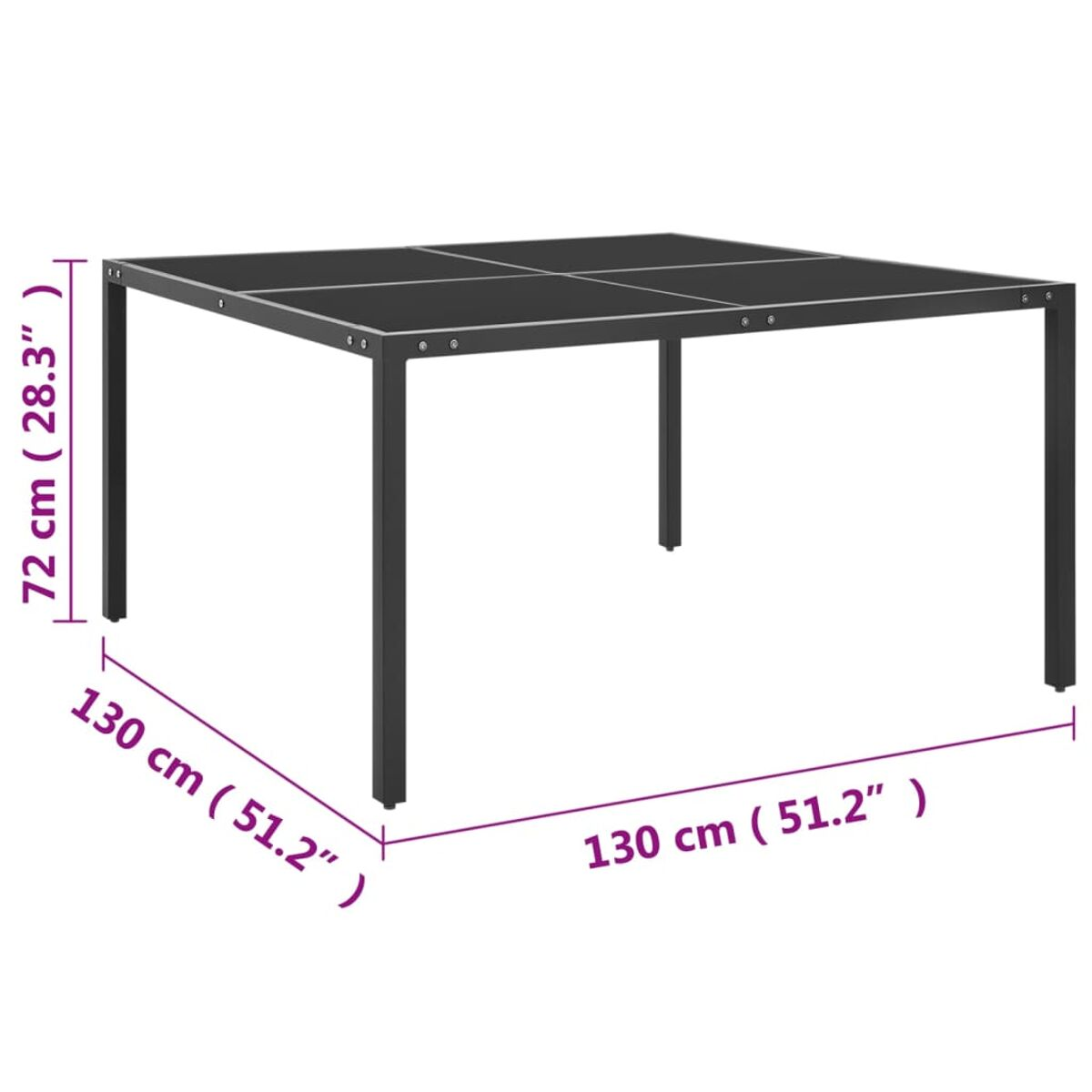 Schwarzer quadratischer Tisch mit Maßen, schwarze Beine. Weißer Hintergrund.