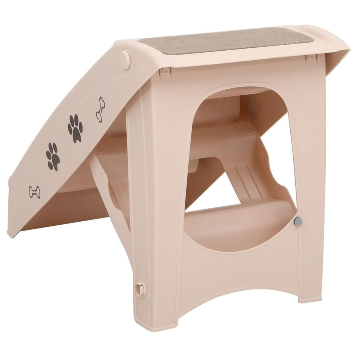 Beige Haustiertreppe mit Pfotenabdrücken. Es hat drei Stufen und eine rutschfeste Oberfläche.