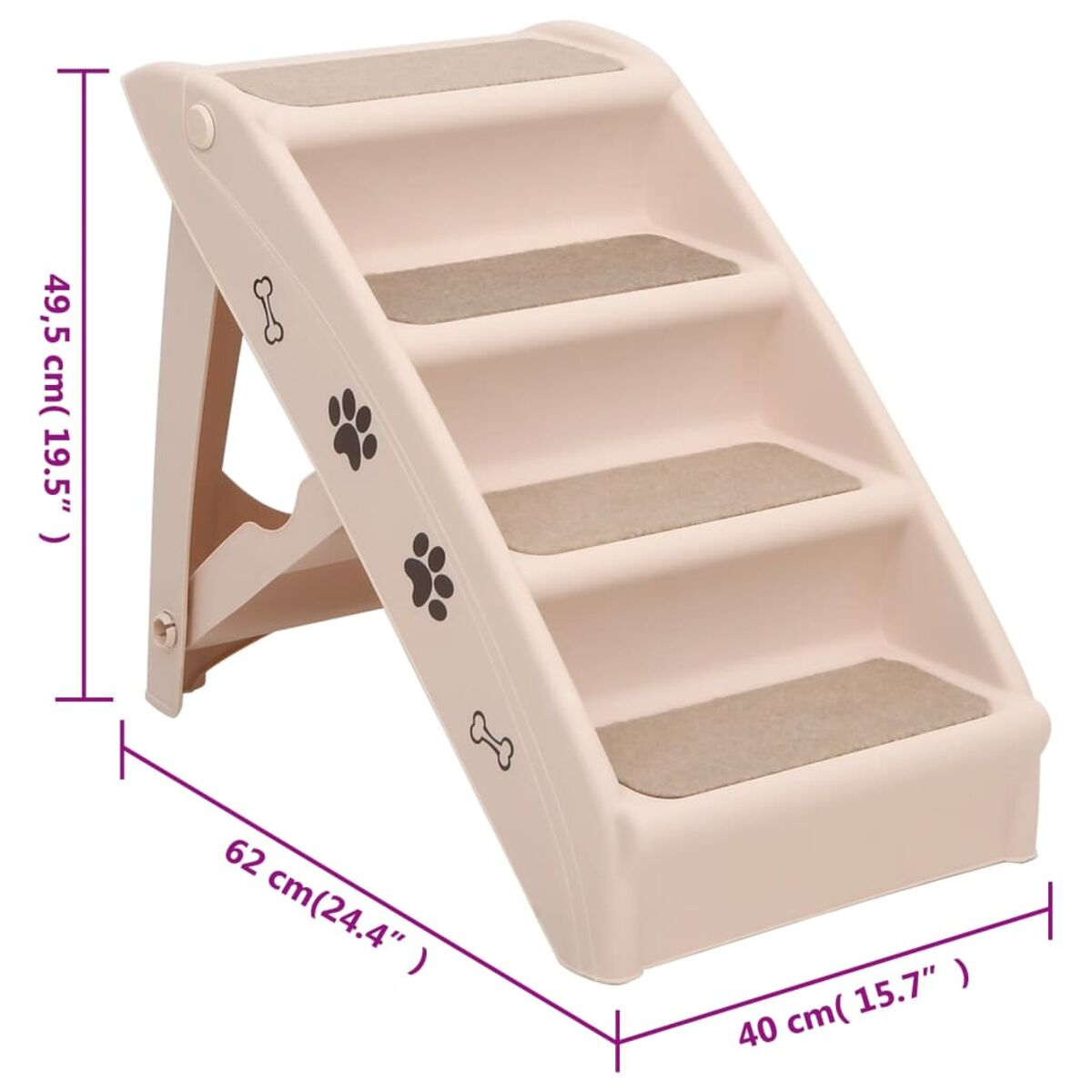 Hellrosa Haustiertreppe mit drei Stufen und Pfotenabdruckdetails. 62 cm lang, 40 cm breit, 49,5 cm hoch.