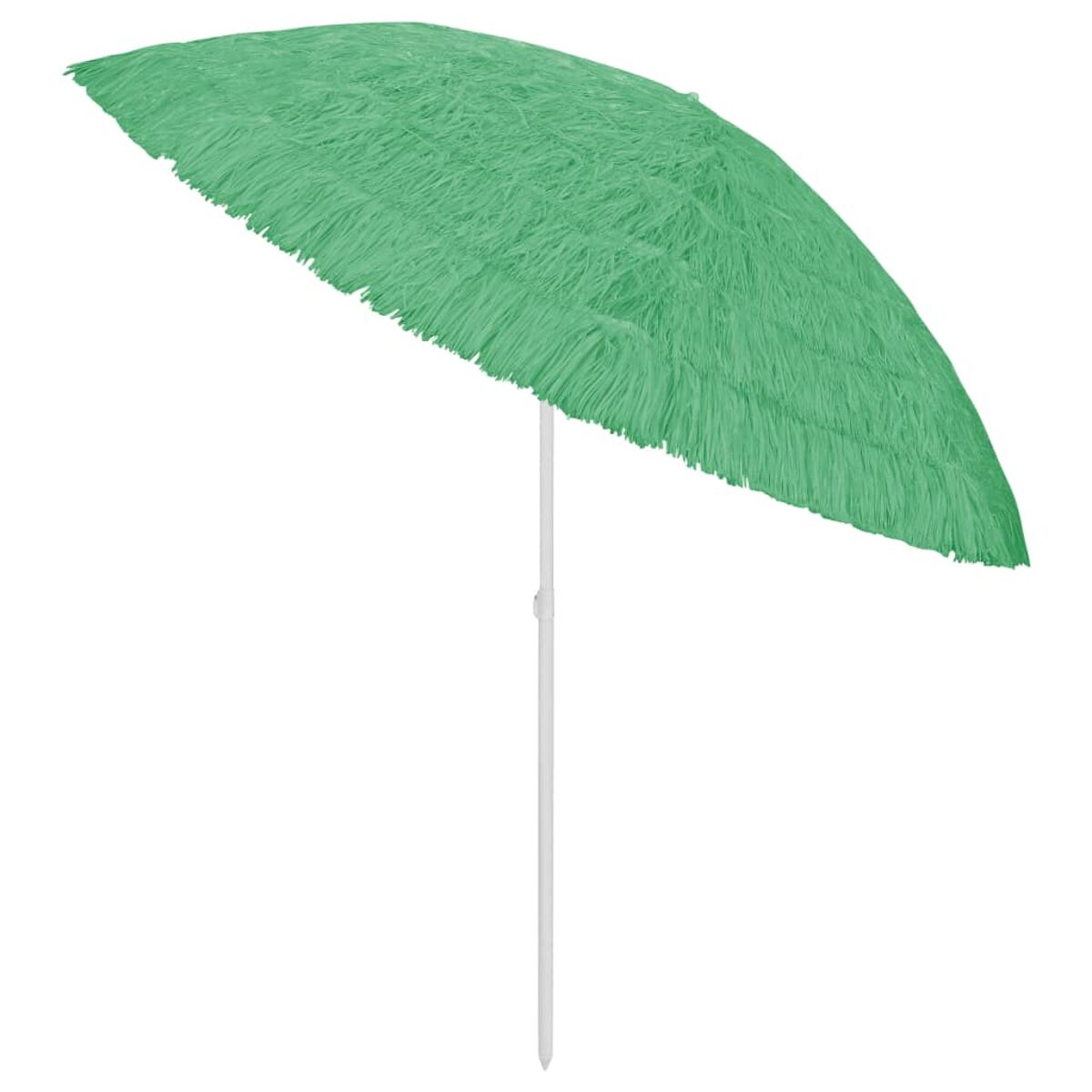 Grüner Strandschirm mit Fransen, weißer Mast.