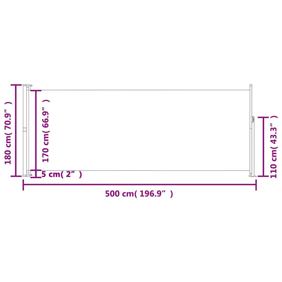 Diagramm mit Abmessungen: 500cm lang, 180cm hoch, 170cm breit. Weißer Hintergrund.
