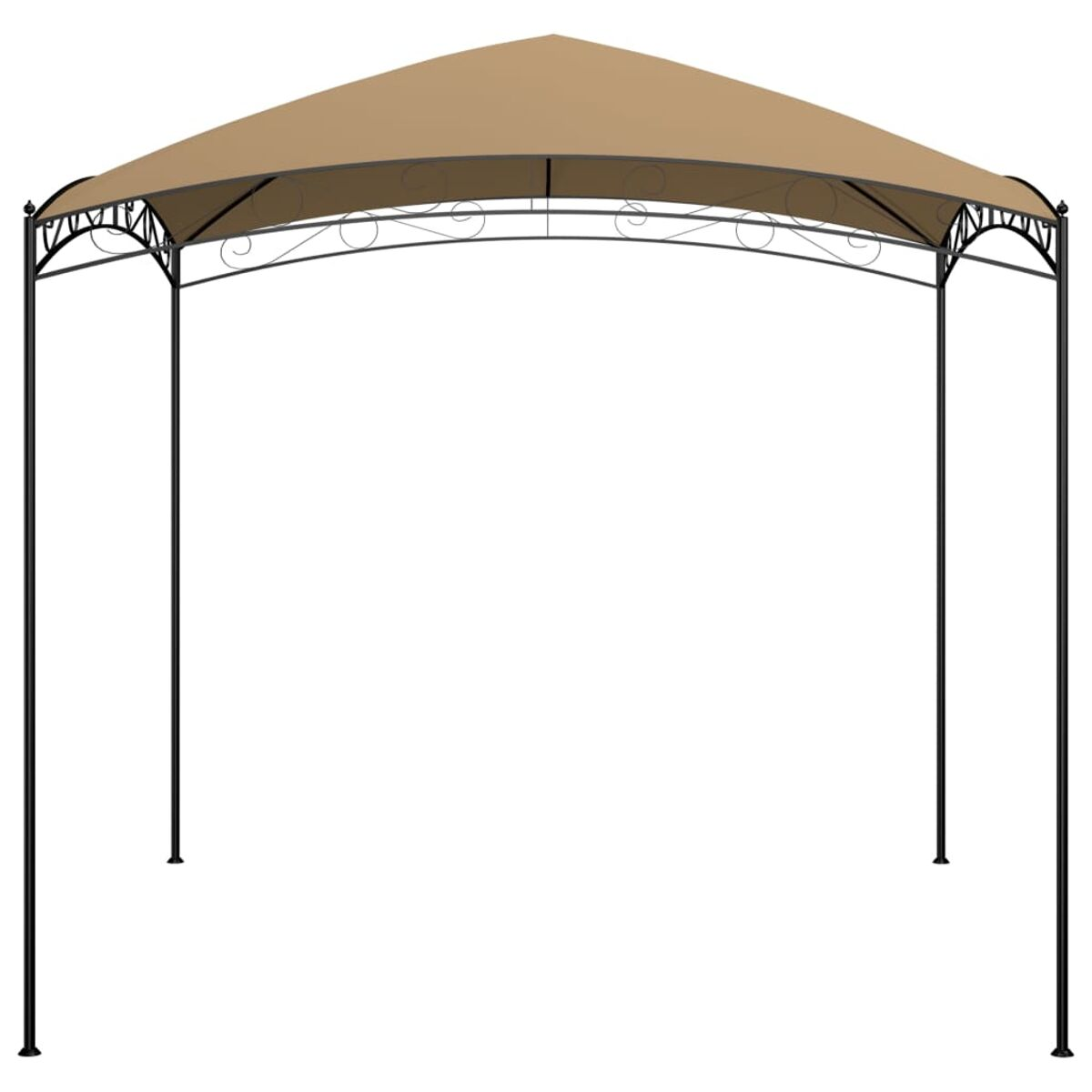 Beige Pavillon mit schwarzem Rahmen. Vier schwarze Beine stützen die Struktur.