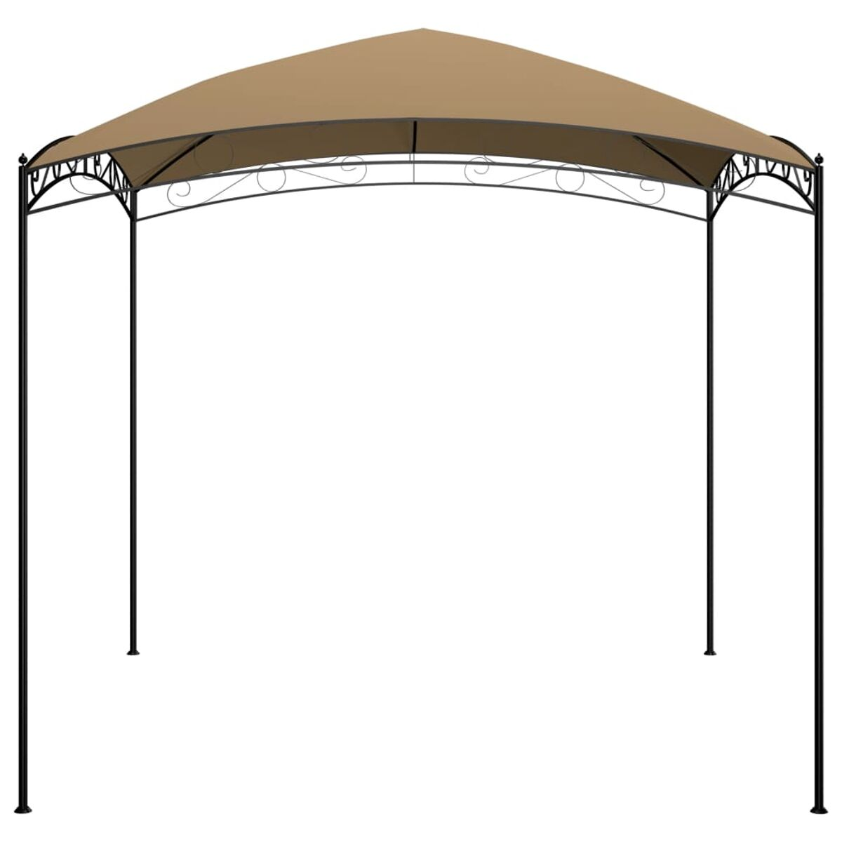 Ein schwarzes Metall-Gartenpavillon-Gestell mit einem beigen Baldachin. Das Gestell hat dekorative Wirbel. Der Hintergrund ist leer.